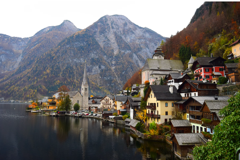 Autumn in Central Europe - houses by a lake