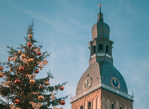 Christmas tree and church in Riga, Latvia